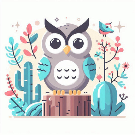 Cute owl in the forest. Vector illustration in flat style.のイラスト素材