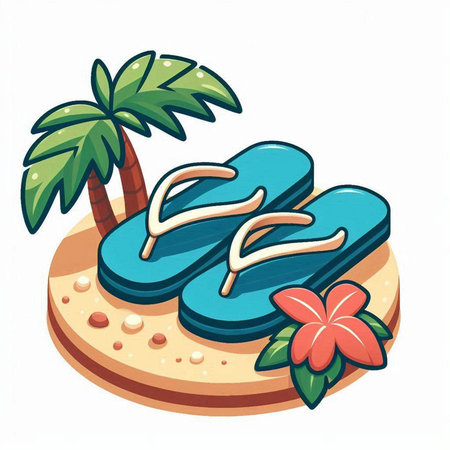 Illustration of a flip flops on an island with palm treesのイラスト素材