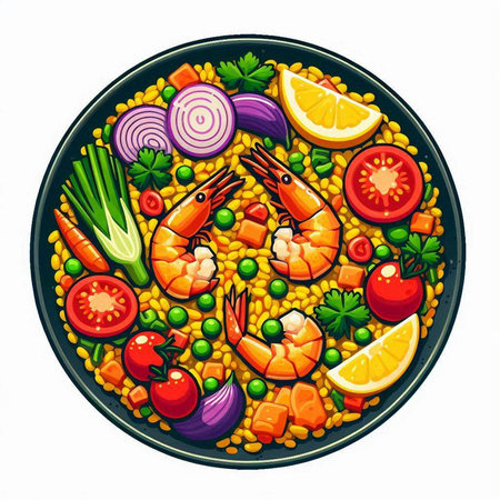 Vegetable salad with shrimps on a plate. Vector illustration.のイラスト素材