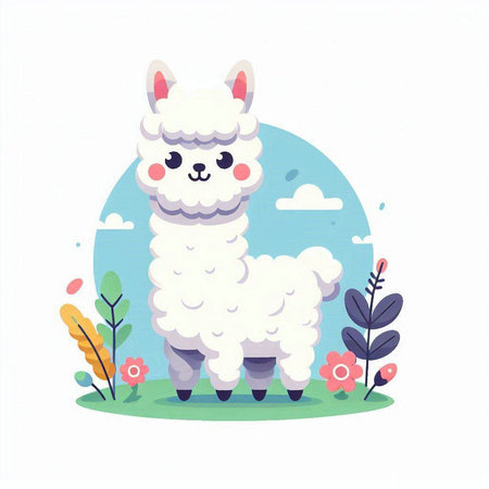Cute cartoon alpaca in the garden. Vector illustration.のイラスト素材