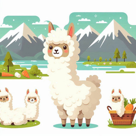 Llama and alpaca in the mountains. Vector illustrationのイラスト素材