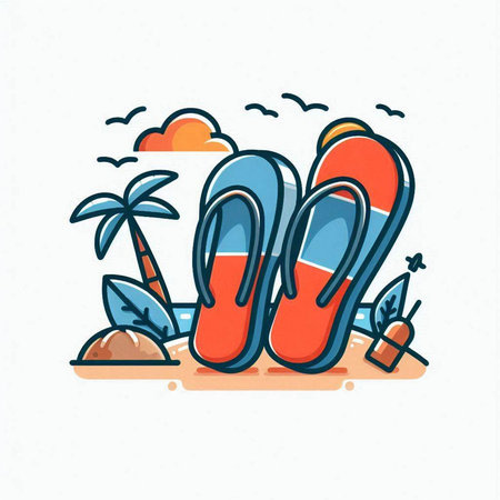 Flip flops and palm trees on the beach. Vector illustrationのイラスト素材