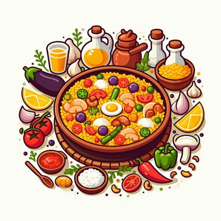 Pilaf with vegetables and meat. Vector illustration in cartoon styleのイラスト素材