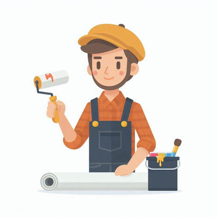 Worker with a paint roller and a paint bucket. Vector illustration.のイラスト素材
