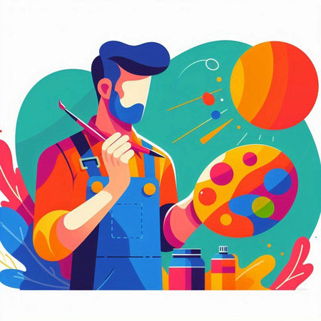 Painter in apron paints a picture with a brush. Vector illustrationのイラスト素材