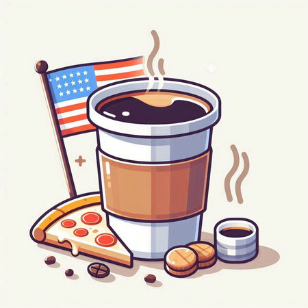Coffee cup with american flag and pizza. Vector illustration.のイラスト素材