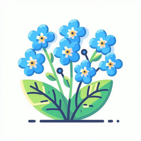 Blue forget-me-not flowers with green leaves. Vector illustration.のイラスト素材