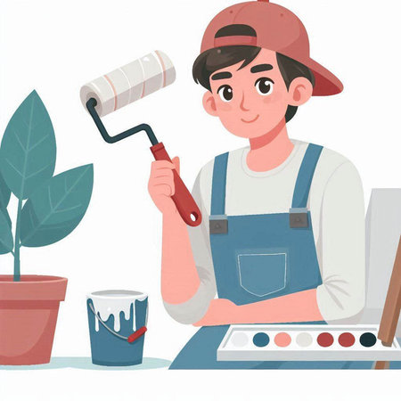 Illustration of a Man Holding a Paint Roller and Painting a Houseplantのイラスト素材