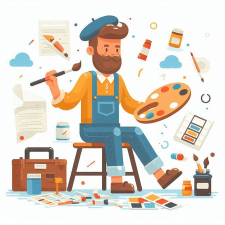 Artist painter with paint palette and brushes. Flat style vector illustration.のイラスト素材