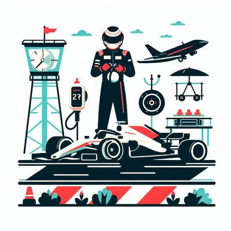 Vector illustration of karting man in helmet on the race track.のイラスト素材