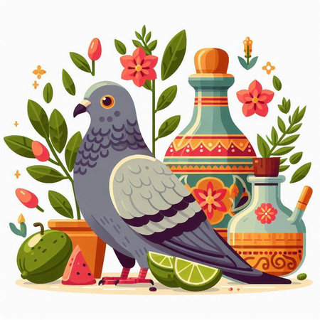 Pigeon with flowers and bottles. Vector illustration in flat styleのイラスト素材