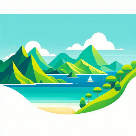 Illustration of a summer landscape with mountains and the sea, vectorのイラスト素材