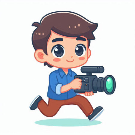 Cute boy with a camera. Vector illustration in cartoon style.のイラスト素材