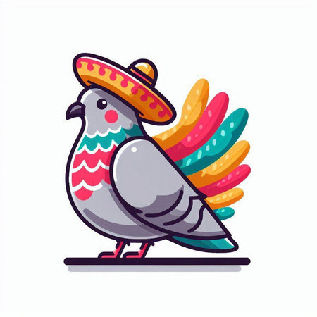 Pigeon in sombrero vector illustration. Cute doodle style.のイラスト素材