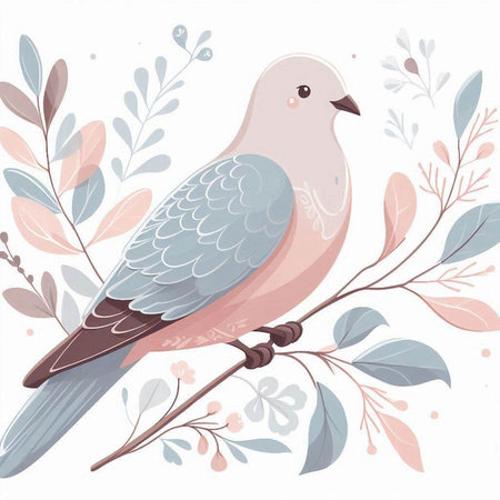 Hand drawn vector illustration of a dove on a branch with flowers.のイラスト素材
