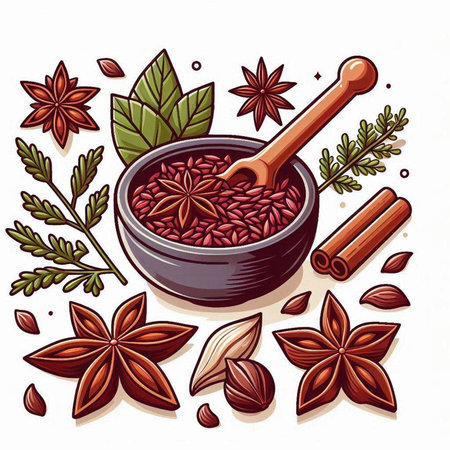 Illustration of a bowl of cinnamon and star anise seeds.のイラスト素材