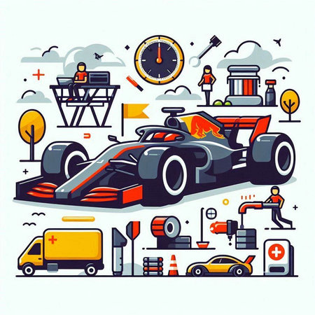 Vector illustration of a racing car on a white background with icons.のイラスト素材