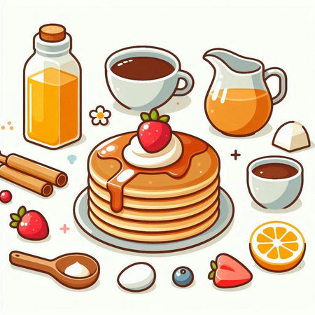 Vector illustration of a stack of pancakes with berries, honey and coffeeのイラスト素材