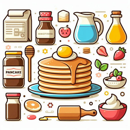 Pancakes and ingredients for cooking, vector illustration in cartoon styleのイラスト素材