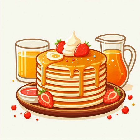 Pancakes with strawberry, orange juice and cream. Vector illustration.のイラスト素材