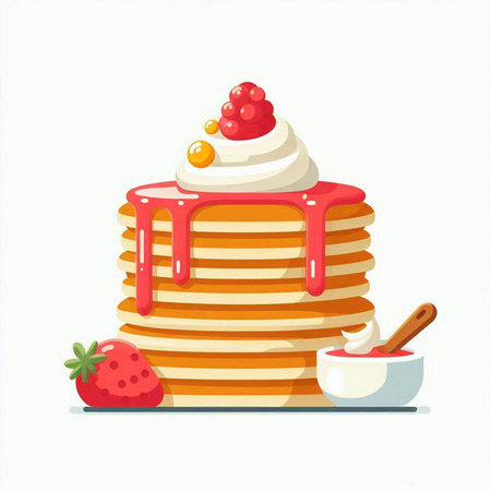 Illustration of a stack of pancakes with sour cream and strawberries on a white backgroundのイラスト素材
