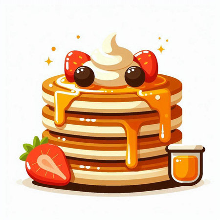 Vector illustration of a stack of pancakes with honey and strawberries on a white backgroundのイラスト素材