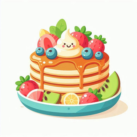 Pancakes with berries and whipped cream. Vector illustration in cartoon style.のイラスト素材