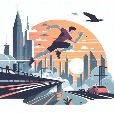 Vector illustration of a man running on the road in the city.のイラスト素材