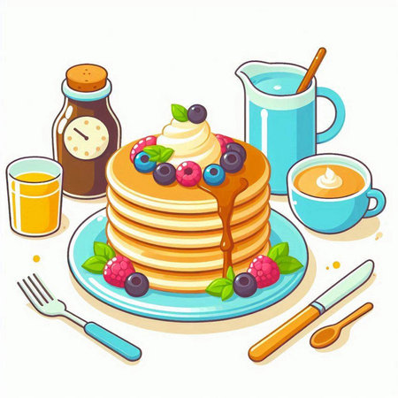 Pancakes with berries, cream and milk. Vector illustration.のイラスト素材