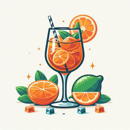 Cocktail with orange, lime and ice. Vector illustration.のイラスト素材