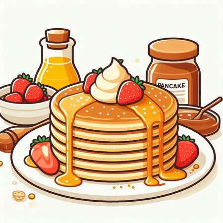 Illustration of a Stack of Homemade Pancakes with Strawberriesのイラスト素材