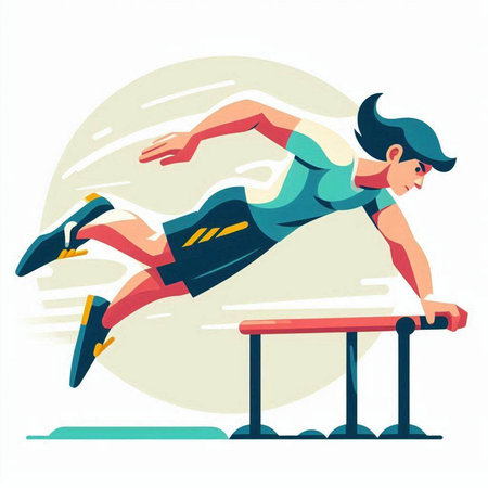 Man in sportswear jumping over hurdle. Flat vector illustration.のイラスト素材