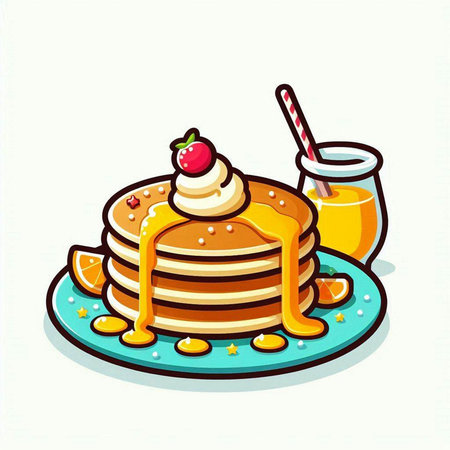 Pancakes with orange juice and whipped cream. Vector illustration.のイラスト素材