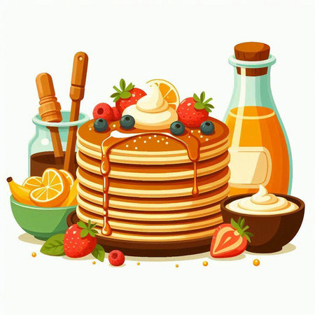 Pancakes with berries, honey and cream. Vector illustration.のイラスト素材