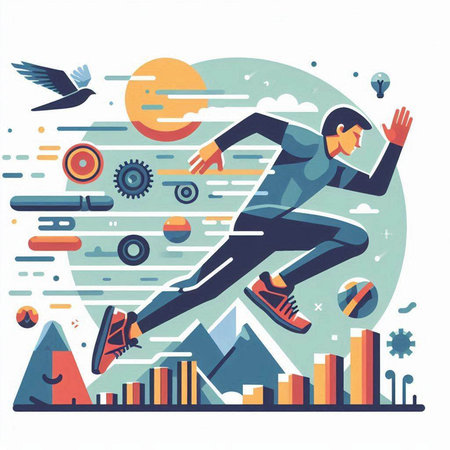 Vector illustration of a man running in the mountains. Flat style design.のイラスト素材