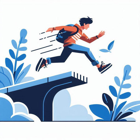 Young man jumping over a bridge. Vector illustration in flat style.のイラスト素材
