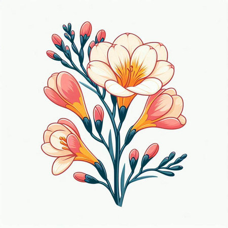 Hand drawn vector illustration of freesia flowers. Isolated on white background.のイラスト素材