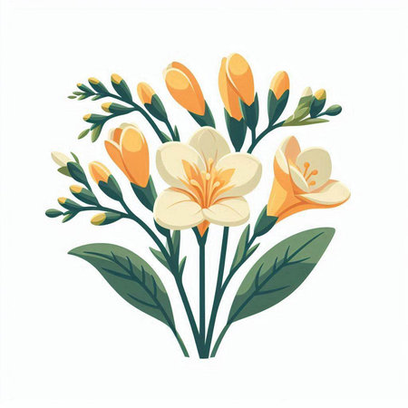Hand drawn vector illustration of freesia flowers isolated on white background.のイラスト素材