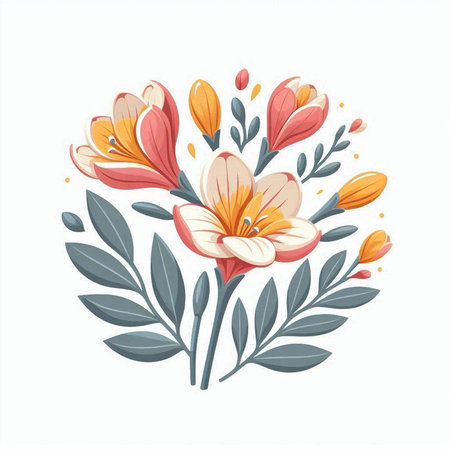 Floral bouquet with crocus flowers and leaves. Vector illustration.のイラスト素材
