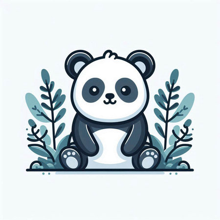 Cute panda sitting on the ground among the leaves. Vector illustration.のイラスト素材