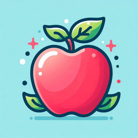Red apple with green leaves on blue background. Vector illustration in cartoon style.のイラスト素材
