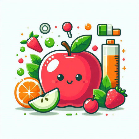 Cute apple fruit character with vitamins. Healthy food concept. Vector illustration.のイラスト素材
