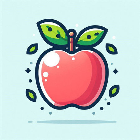 Red apple with green leaves on blue background. Vector flat illustration.のイラスト素材