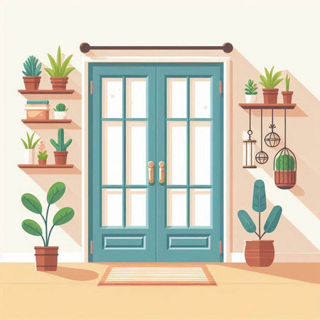 Vector illustration of a room with a door and plants. Flat style.のイラスト素材