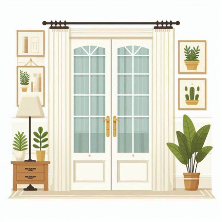 Vector illustration of a wooden door with curtains and plants in pots.のイラスト素材