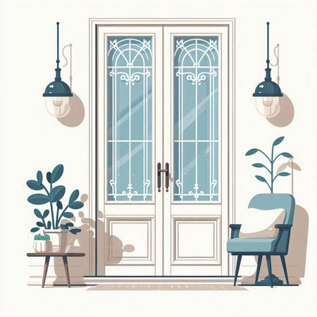 Vector illustration of interior with door, armchair, lamp and plants.のイラスト素材