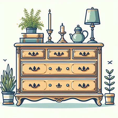 Vector illustration of an old wooden chest of drawers with decorative plants.のイラスト素材