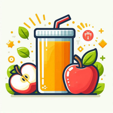 Apple juice in glass and fresh apples. Healthy food concept. Vector illustrationのイラスト素材