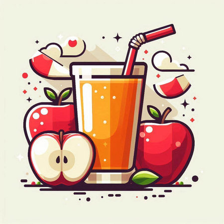 Apple juice in a glass with a straw and apples. Vector illustration.のイラスト素材