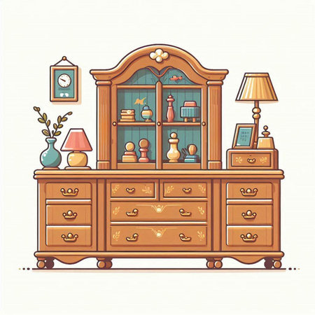 Vintage wooden chest of drawers and table lamps. Vector illustration.のイラスト素材